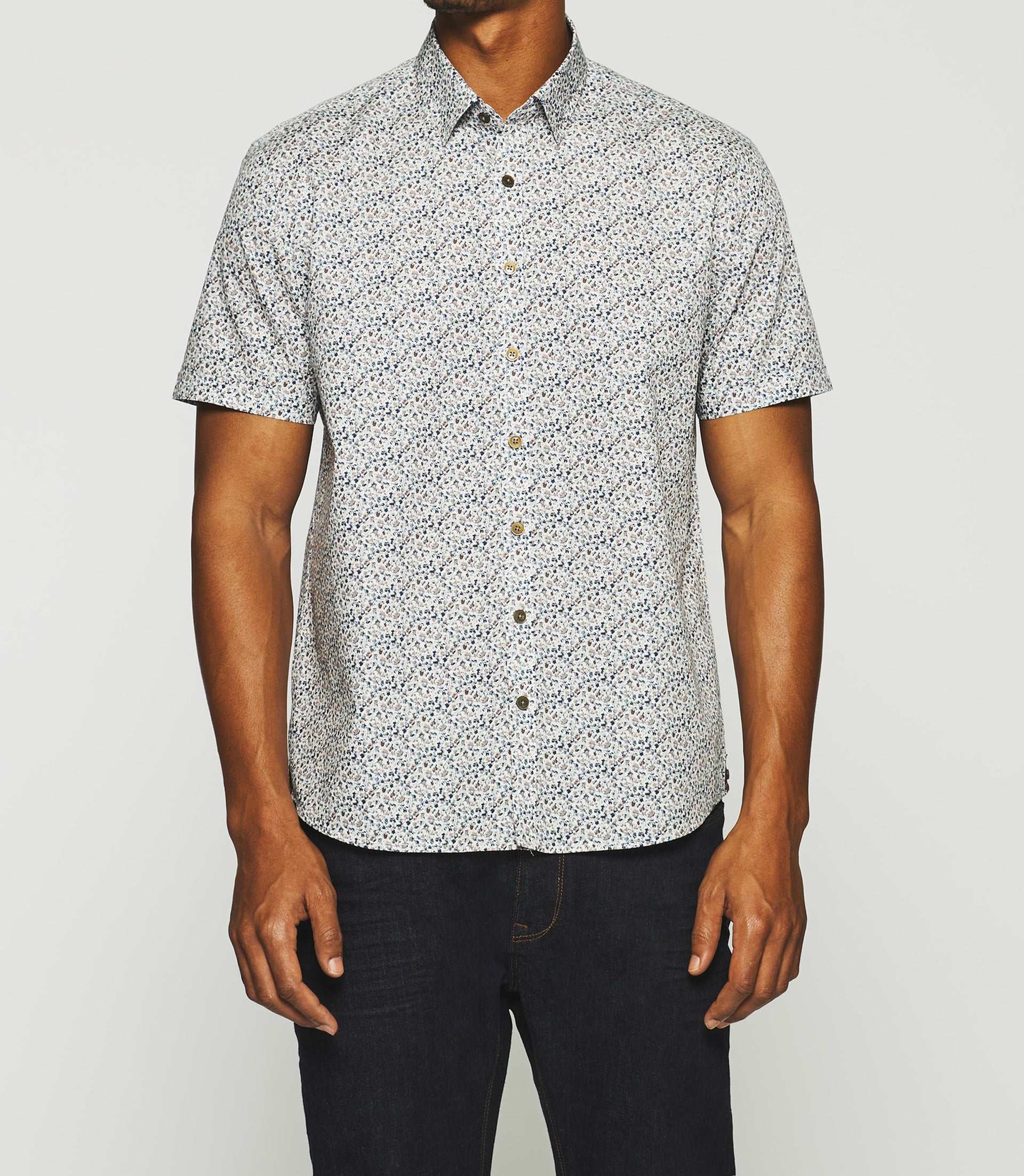Chemise manches courtes à imprimé fleur blanche et bleue KIRAN - Image 2