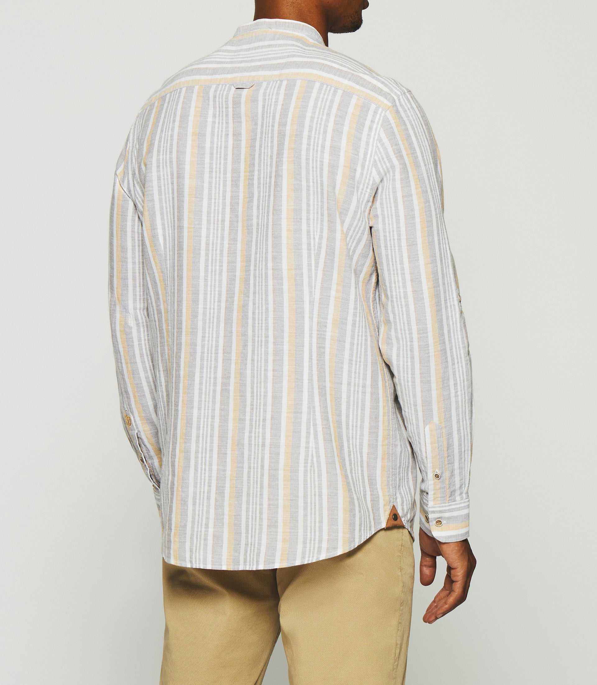 Chemise à rayures en lin col mao camel KABOSA - Image 3