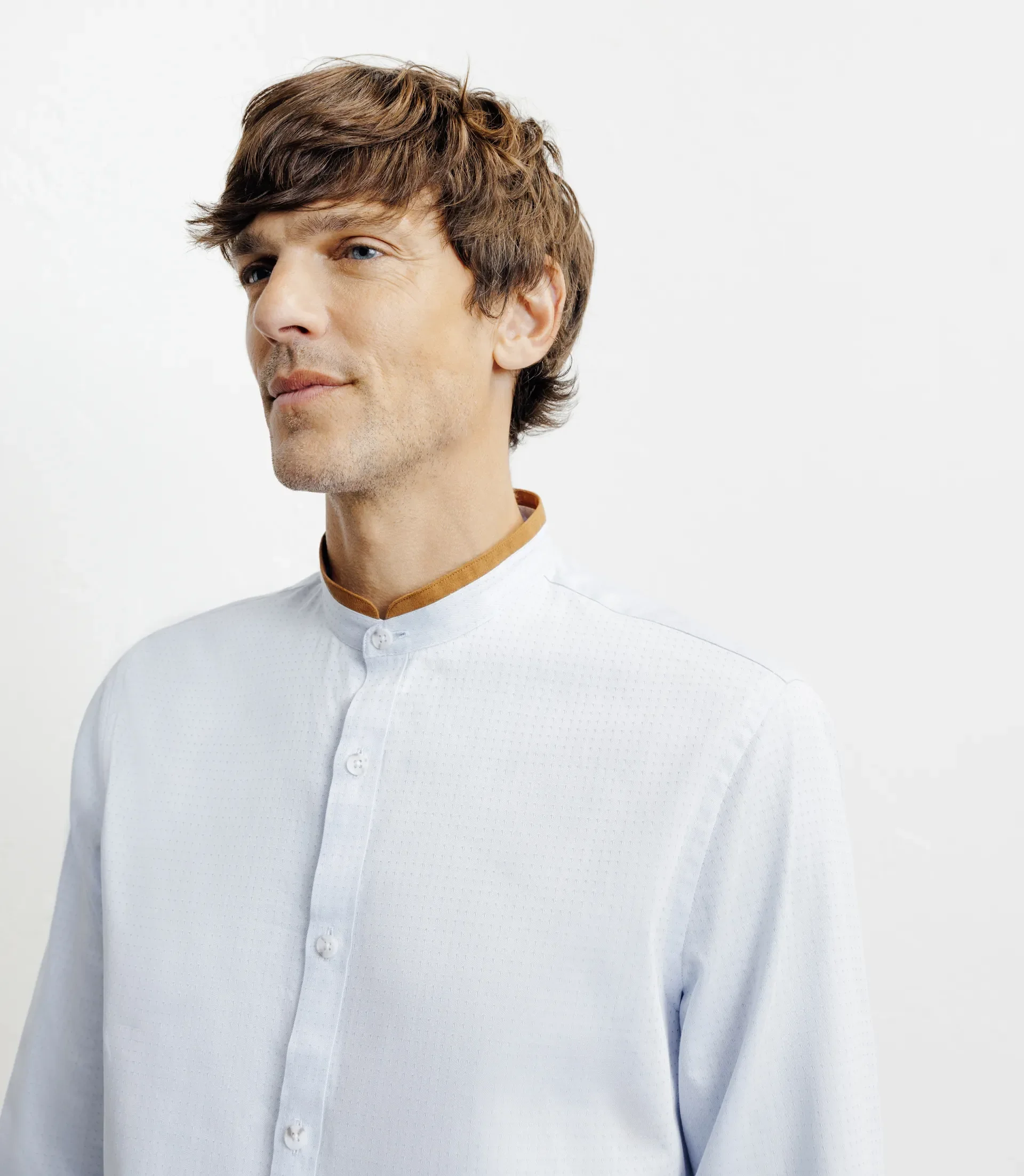 Chemise casual col mao avec coudières ciel - Image 2