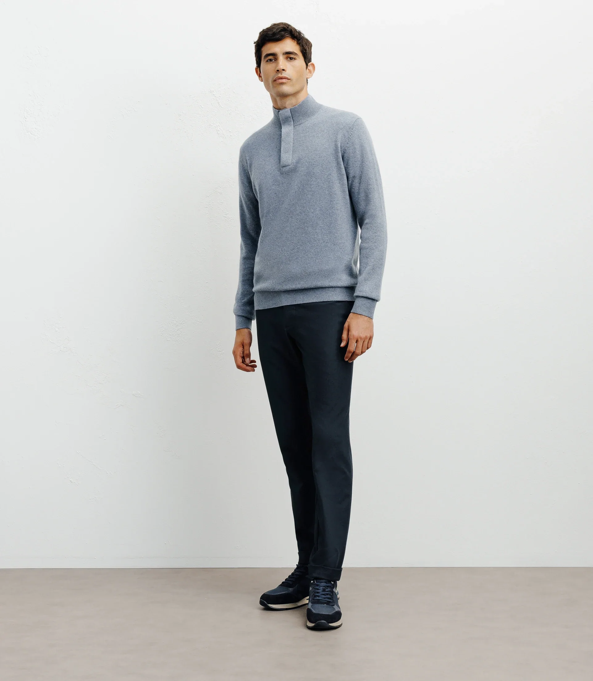 Pull col zippé et boutonné 100% cachemire indigo - Image 3