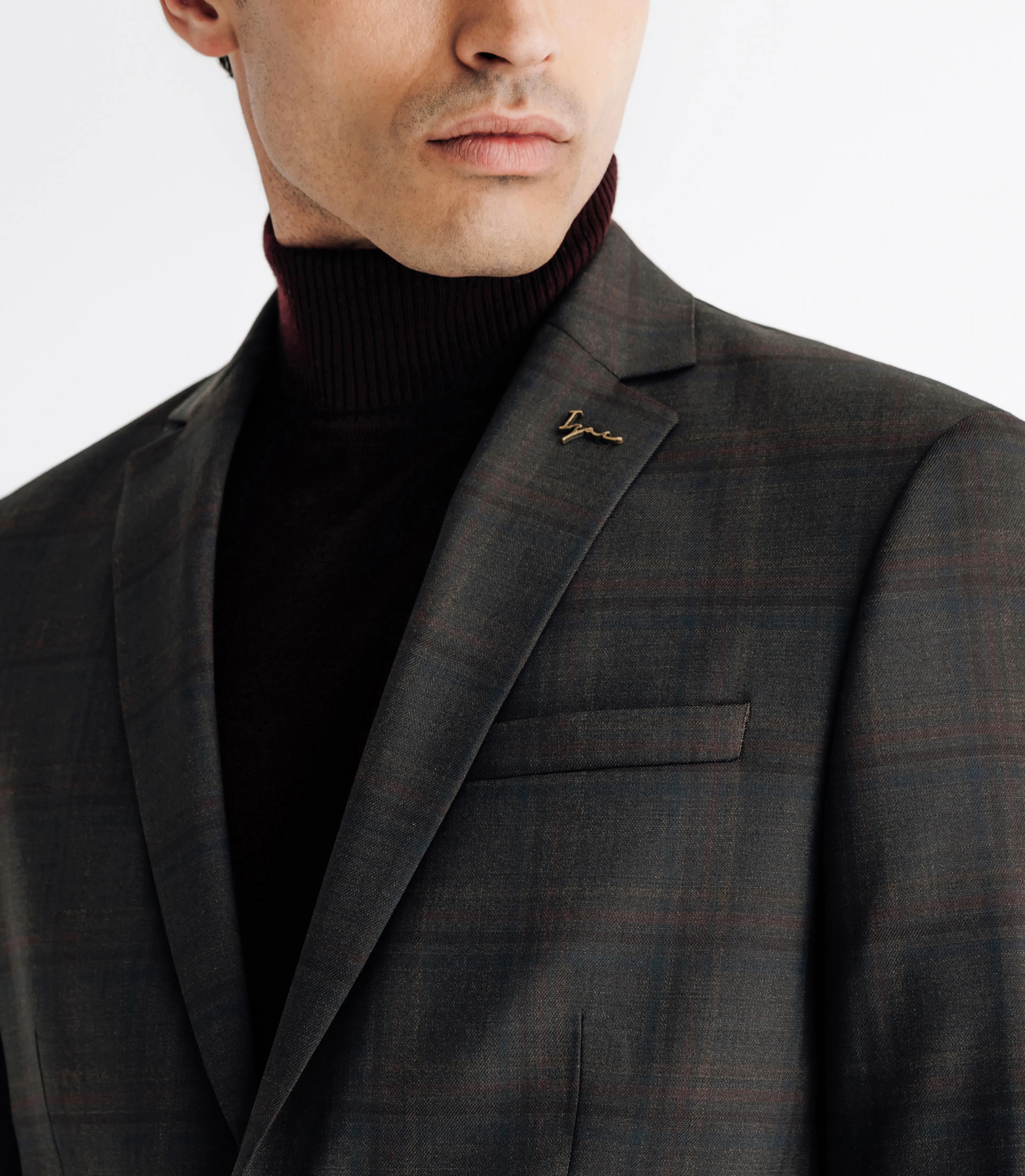 Costume col châle à carreaux marron - Image 3