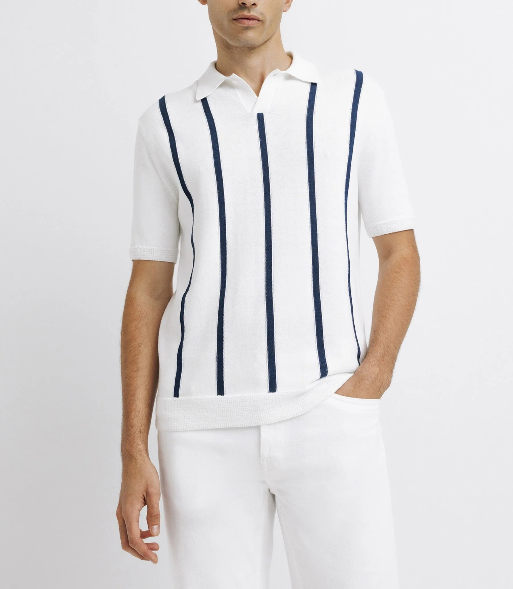 Polo rayé en maille blanc - Image 2