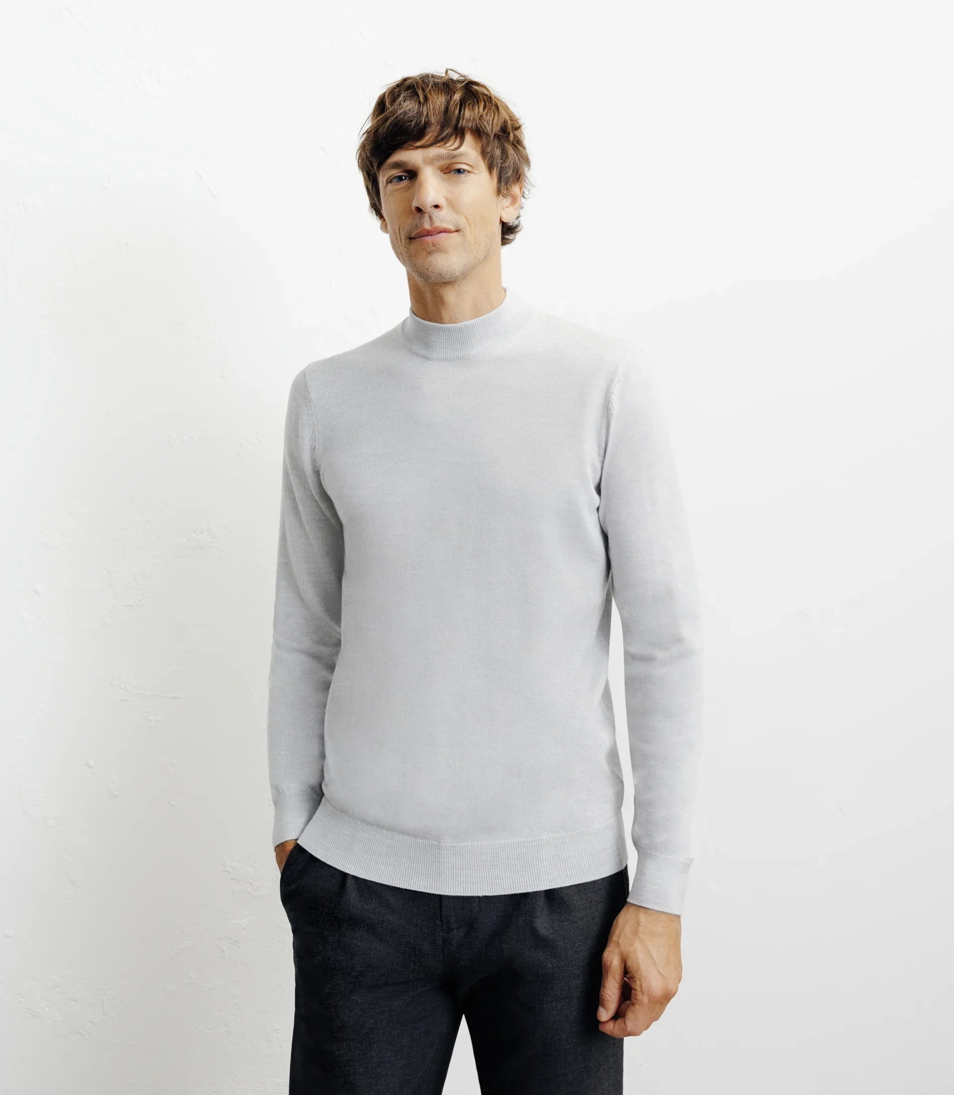 Pull col cheminée mérinos gris chiné