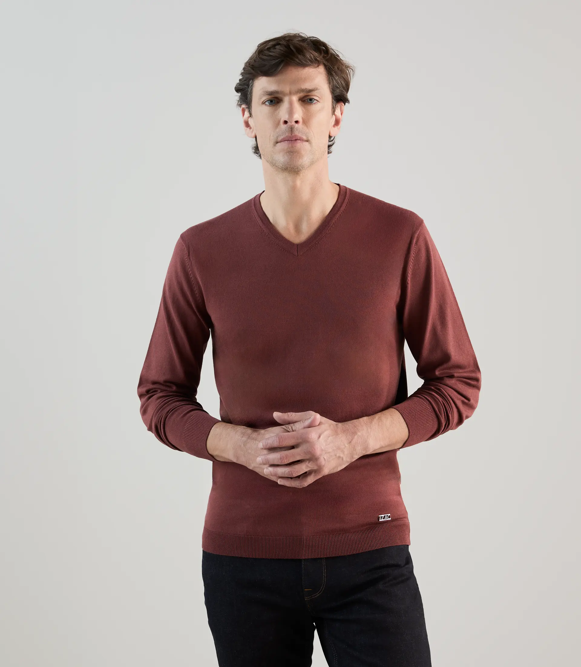 Pull col v rouge bordeaux