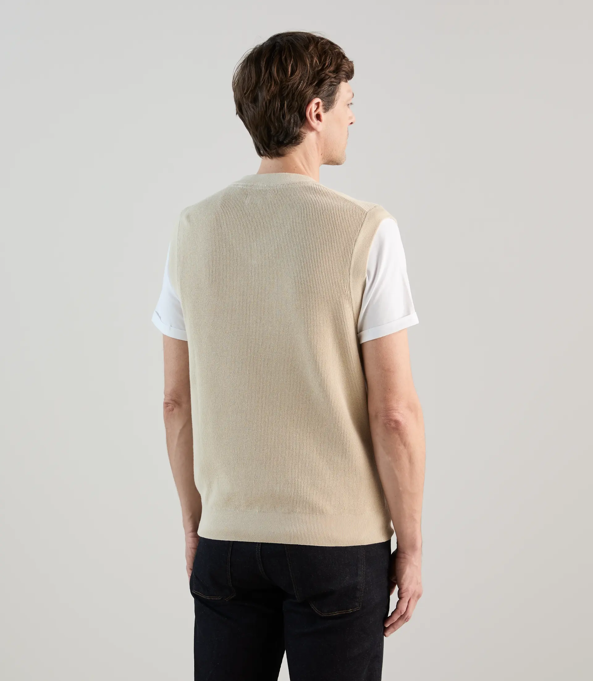 Pull sans manches en maille côtelée beige - Image 3