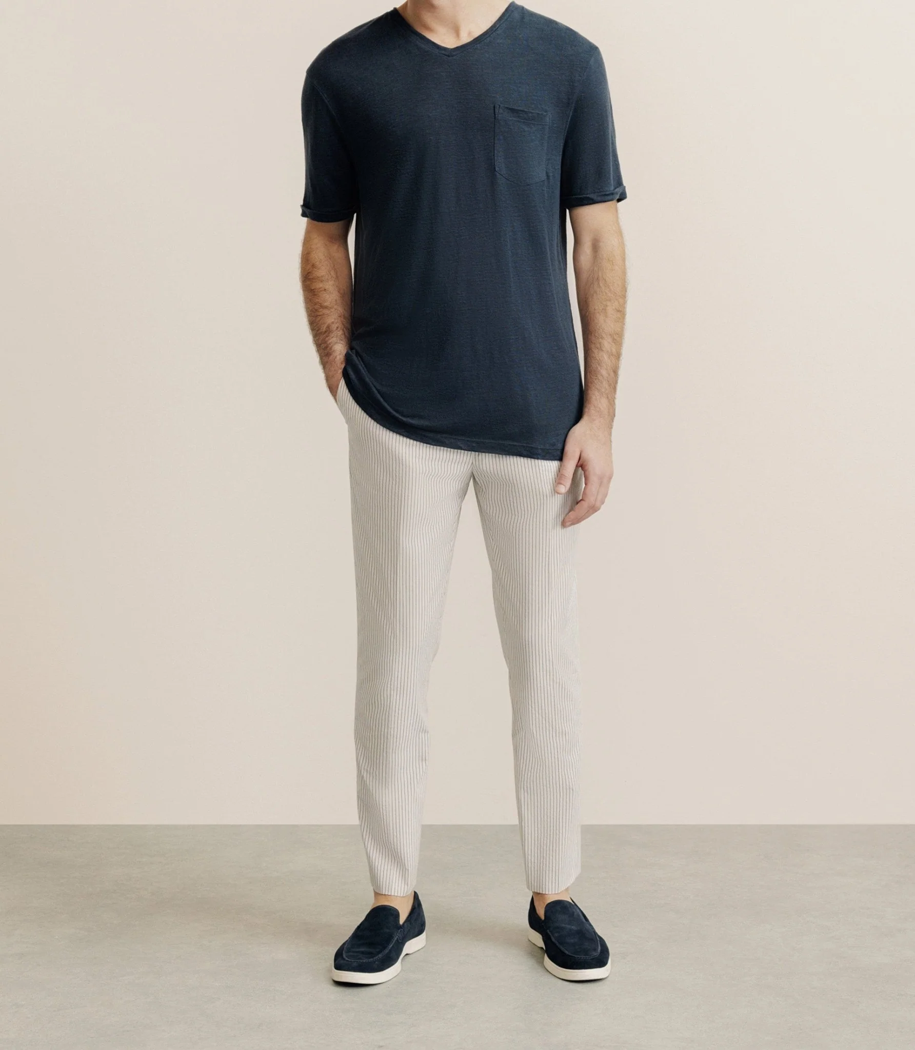 T-shirt col V 100% lin marine - Image 3